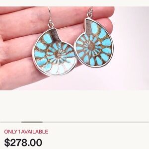 Natural Ammonite Turquoise Inlay Earrings, boho, tribal, sea shell, nautical